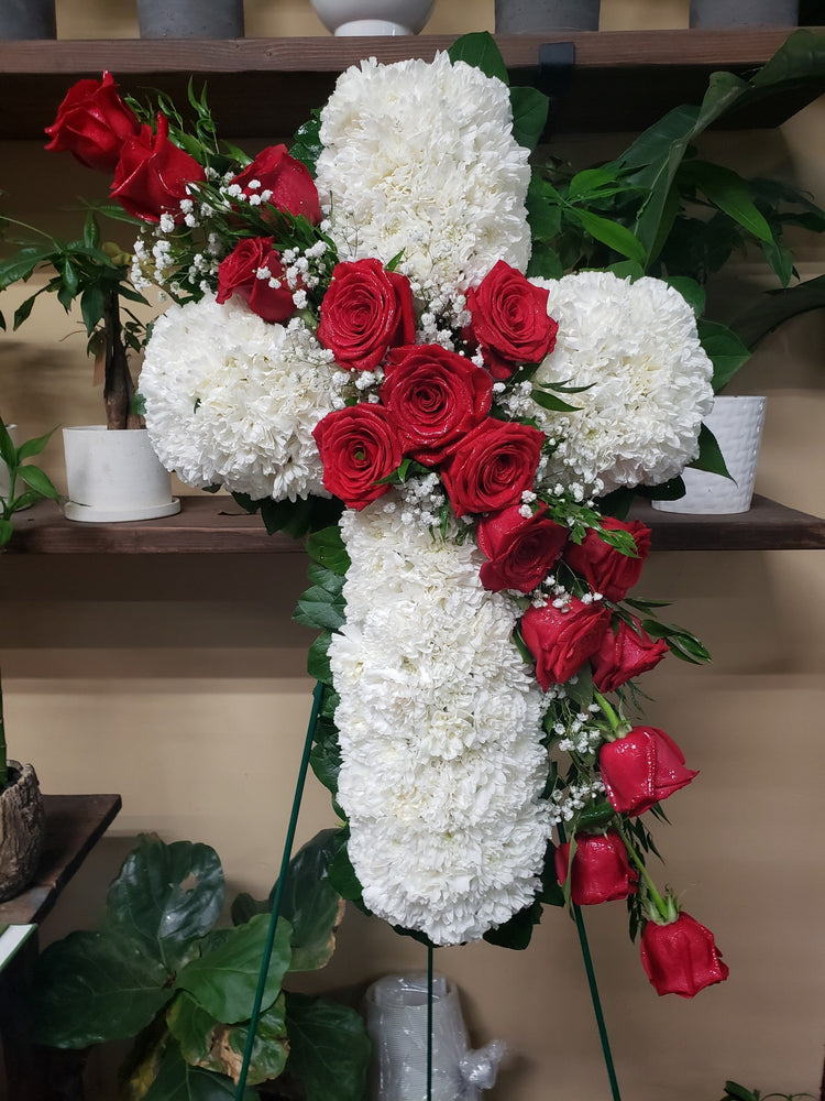 Red Rose Sparkle White Cross Standing Easel Spray