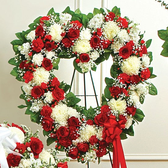 Red Radiance Open Heart Wreath Standing Spray White & Red