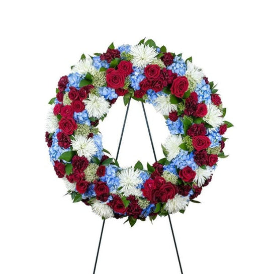 Red, Blue & True Wreath Standing Easel Spray