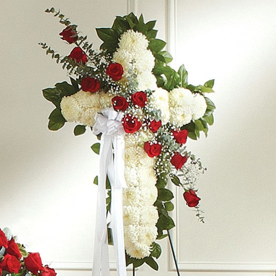 Standing Cross With Roses Red Radiance Standing Cross White & Red Rose Elegance – Bloom Funeral ...